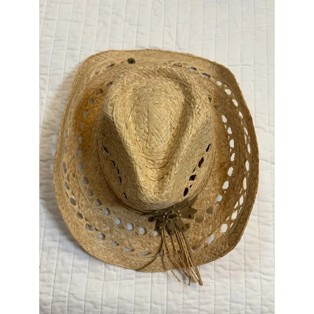 Peter Grimm Straw Western Cowboy Hat - NWOT Open Weave Floral Sun Hat O/S